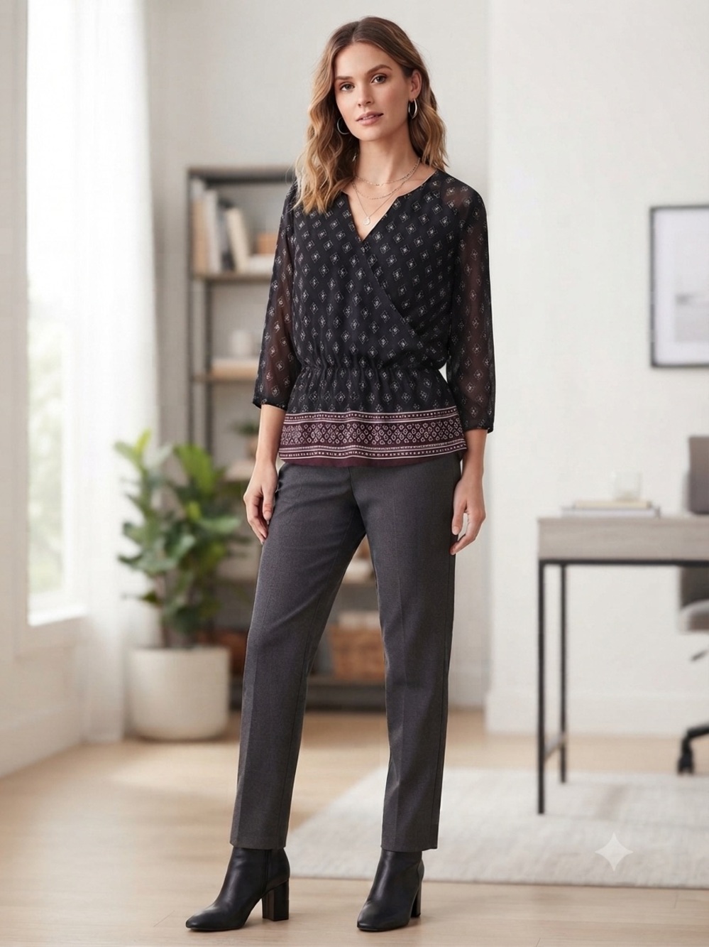 Ricki's Black Patterned Faux Wrap Blouse Medium